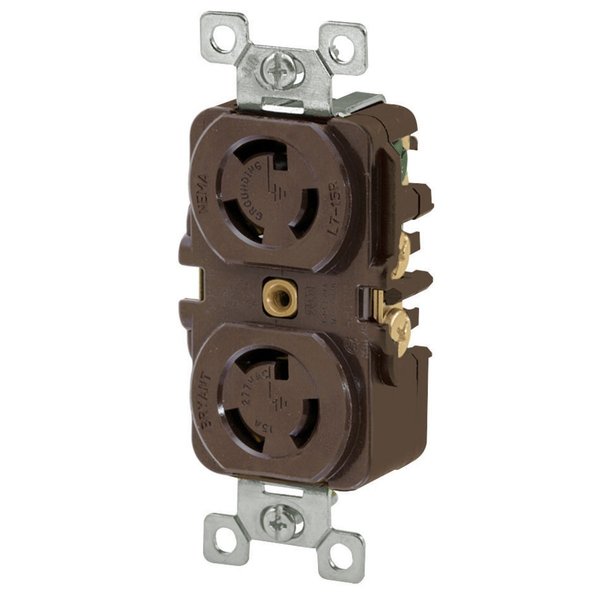 Bryant Locking Device, Duplex Receptacle, 15A 277V AC, 2-Pole 3-Wre Grounding, L7-15R, Screw Terminal, Brwn 4750DR